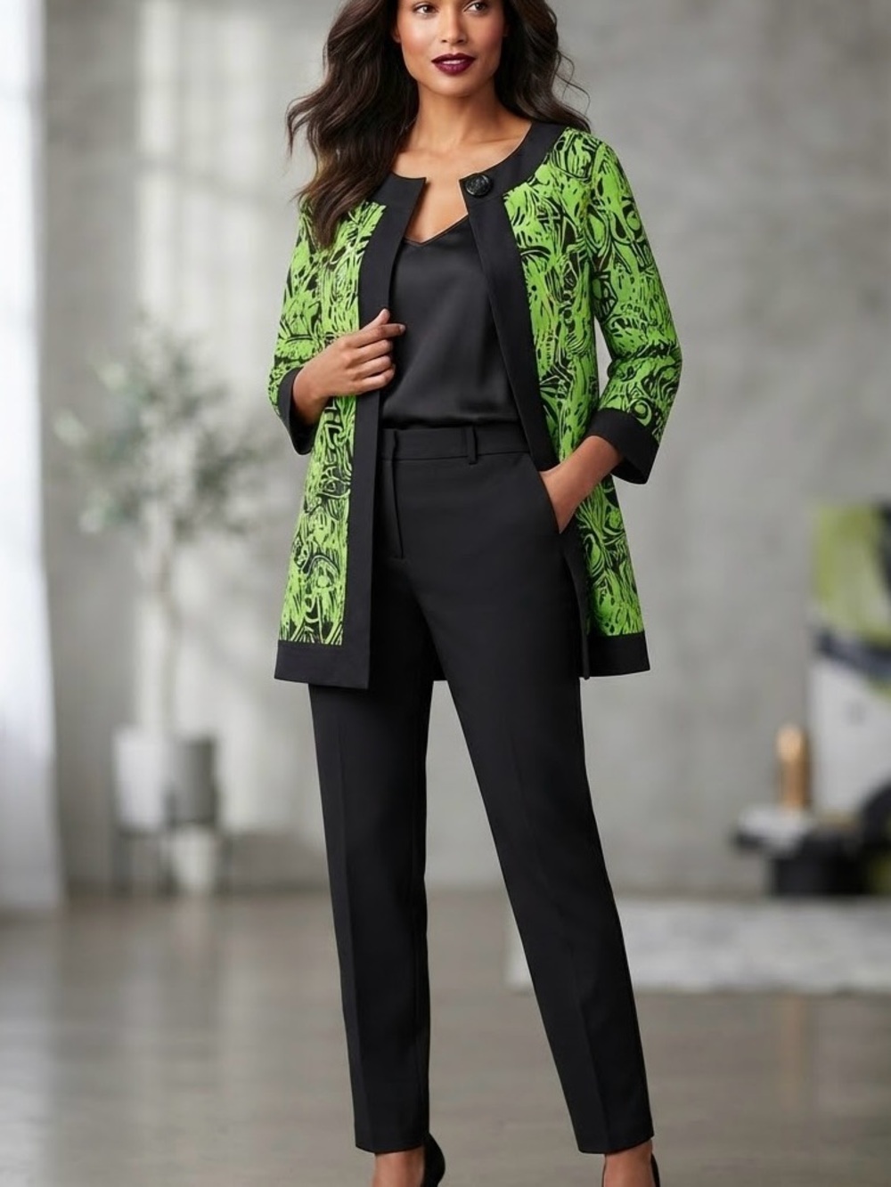 Maggie Barnes Black  with Lime Green Patterned Coat